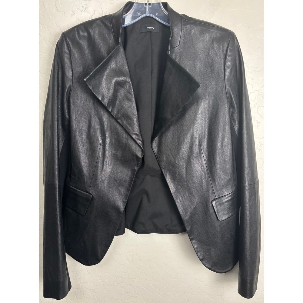 Theory Peplum Jacket Bristol Leather Black Lambskin Open Front Blazer M 2685